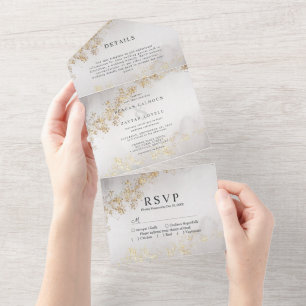 Moderne Luxus-Goldflocken Graue Aquarell-Hochzeit All In One Einladung