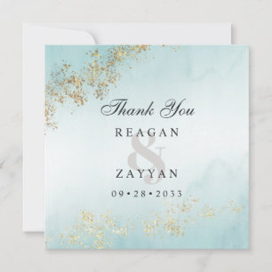 Moderne Luxus-Goldflocken Teal-Nebel-Hochzeit Dankeskarte