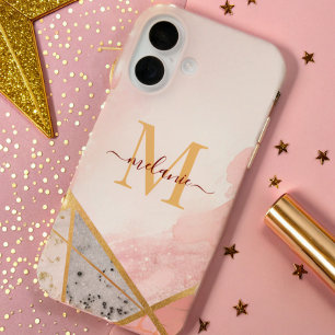 Moderne Luxus-Rosa-Gold-Monogramm elegant iPhone 16 Hülle