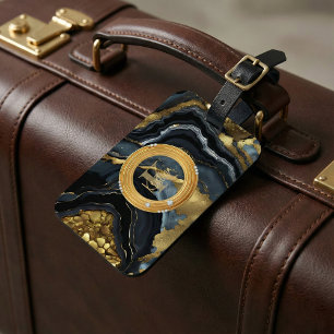 Moderne Luxus-Schwarz-Gold-Achat-Marmor-Monogramm Gepäckanhänger
