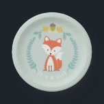 Moderne Mädchen-Babyparty Fox Pappteller<br><div class="desc">Babyduschen-Papier-Teller, der eine Illustration eines Fuchses umgeben durch einen Wreath mit Illustrationen des Blätter einer Eichel und der Blumen kennzeichnet.</div>