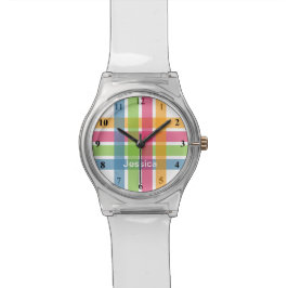 Moderne Mädchen beobachten mit bunten Pastellstrei Armbanduhr