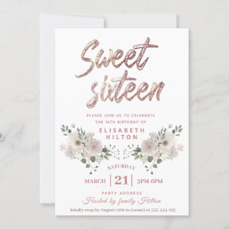 Moderne mädchenhafte Glitzer-Typografie süß 16 Einladung