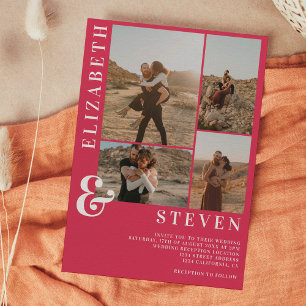 Moderne Magenta Ampere und 5 Foto Grid Hochzeit Einladung