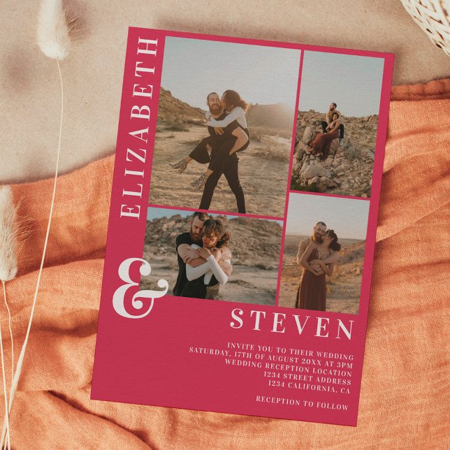 Moderne Magenta Ampere und 5 Foto Grid Hochzeit Einladung (Von Creator hochgeladen)
