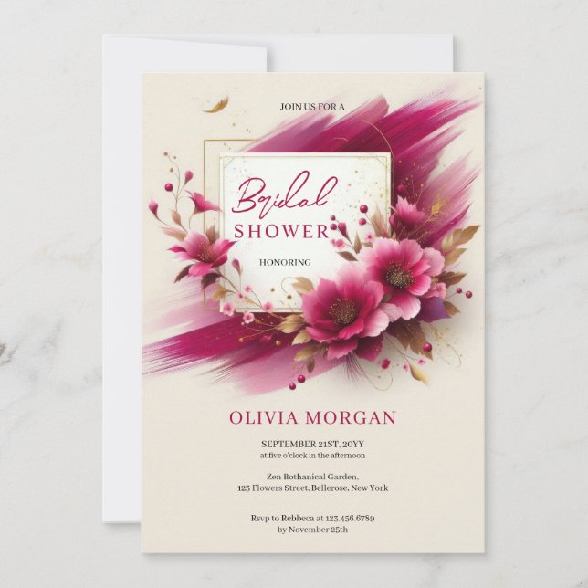 Moderne Magenta Blume Goldrahmen Bridal Einladung (Vorderseite)