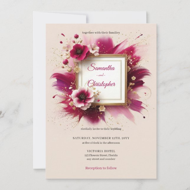 Moderne Magenta-Blume und Goldrahmen-Hochzeit Einladung (Vorderseite)