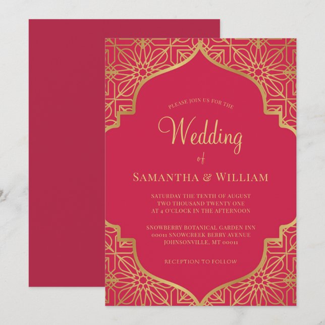 Moderne Magenta Red Gold Hochzeitseinladung Einladung (Vorne/Hinten)