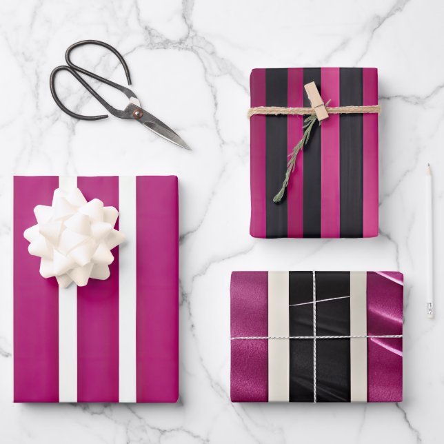 Moderne Magenta Schwarz-weiße, fette Streifen Geschenkpapier Set (Vorderseite)