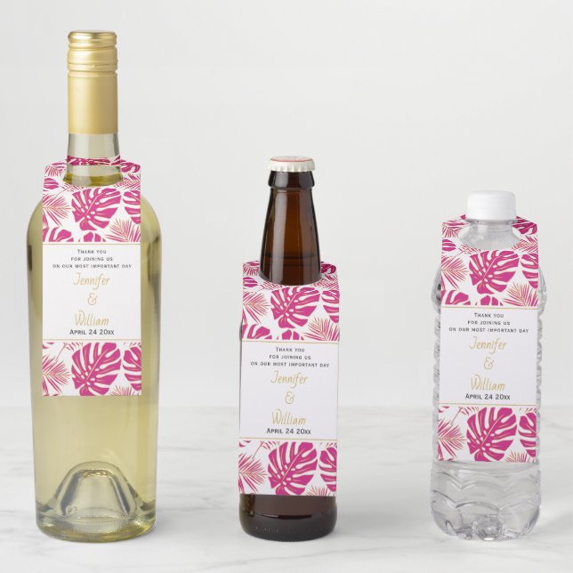 Moderne magenyta rosa, goldgelbe tropische Blätter Flaschenanhänger (Beispiel)