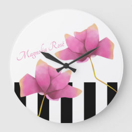 Moderne Magnolische Rose mit schwarzen und weißen  Große Wanduhr