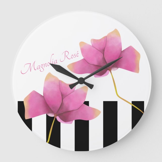 Moderne Magnolische Rose mit schwarzen und weißen  Große Wanduhr (Vorderseite)
