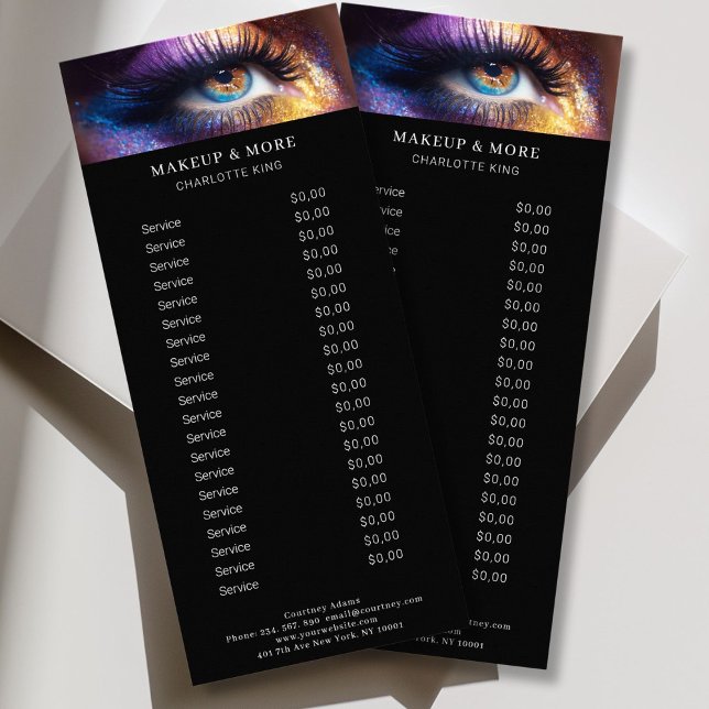 Moderne Makeup Foto Salon Preis List Rack Card Werbekarte (Personalized Modern, Makeup Photo Salon Price List Rack Card)