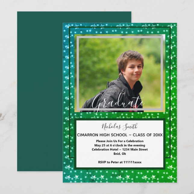 MODERNE MALE GRAD STARS GREEN | SCHULATIONSPARTEI EINLADUNG (Vorne/Hinten)