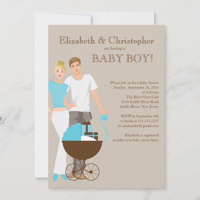 Moderne Mama Vater Carriage Couple Baby Shooter Einladung (Vorderseite)