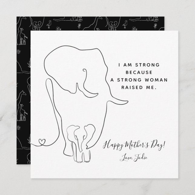 Moderne maman Elephant Line Art carte de fête des  (Devant / Derrière)