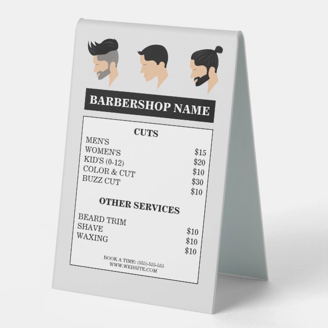 Moderne Männer-Haarstile Zeichnend Barbershop-Menü Tischaufsteller (Vorderseite)