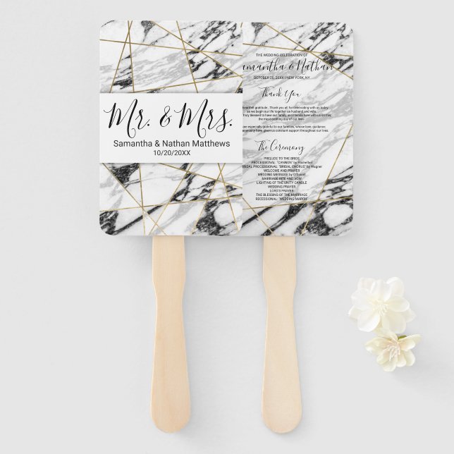 Moderne Marble Gold Geometric Wedding Programme Fächer (Vorne und Hinten)