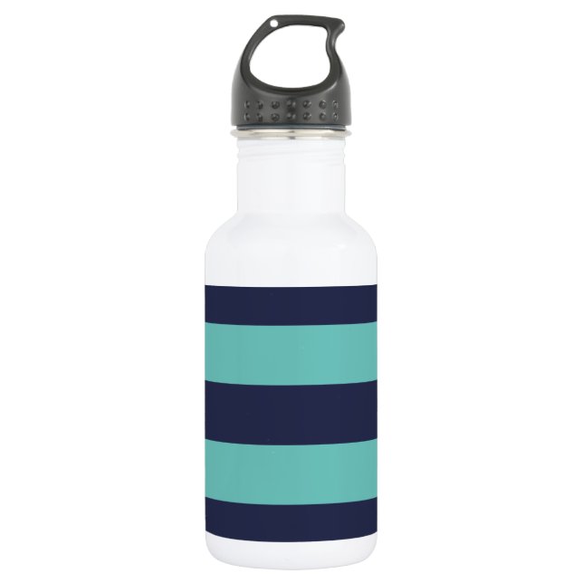 Moderne Marine-Blau-und Türkis-Rugby-Streifen Edelstahlflasche (Vorderseite)