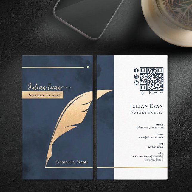 Moderne Marine Blue und Gold Quill Notare Visitenkarte (Von Creator hochgeladen)