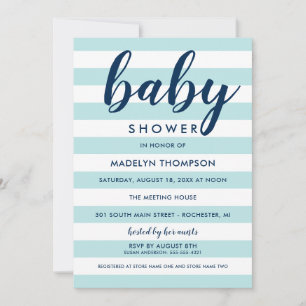 Moderne Marine und Aqua Blue Stripes Baby Boy Dusc Einladung