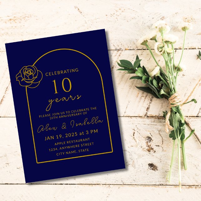 Moderne Marine und Gold 10. Hochzeitstag Einladung (Modern Navy blue and gold 10th year wedding anniversary invitation for party invite)