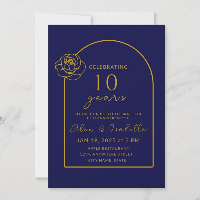 Moderne Marine und Gold 10. Hochzeitstag Einladung (Vorderseite)