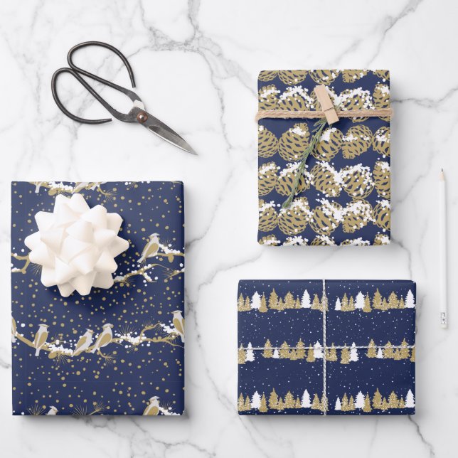 Moderne Marine und Gold Roter Kardinal Weihnachten Geschenkpapier Set (Vorderseite)