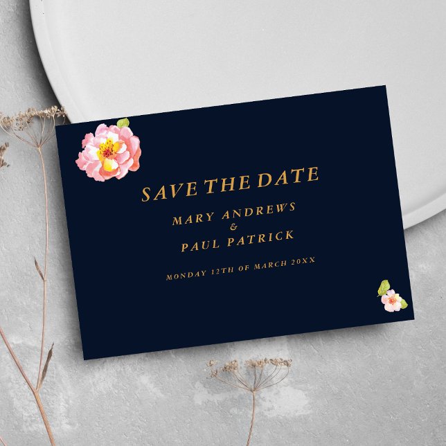 Moderne marineblau-blaue Koralle Save the Date (Modern navy blue pink coral floral Save The Date)