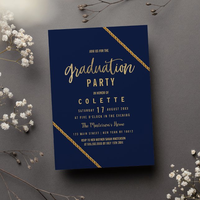 Moderne Marineblau-Imitate Goldgraduierungsparty Einladung (Simple modern navy blue faux gold Graduation Party Invitation )