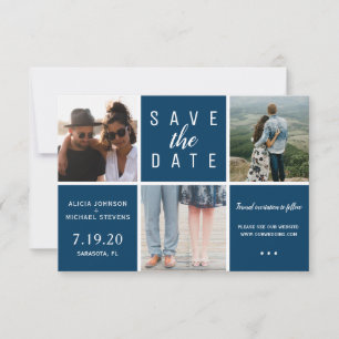 Moderne marineblaue 3-Foto-Collage Save The Date