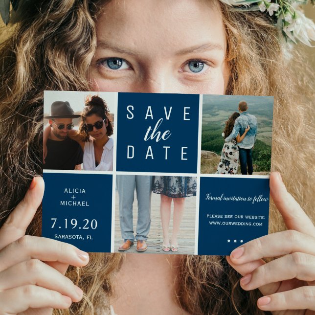 Moderne marineblaue 3-Foto-Collage Save The Date (Von Creator hochgeladen)