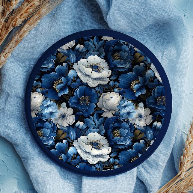 Moderne marineblaue Elfenbein Blumen Hochzeit Papi Pappteller (Modern Navy Blue Ivory Floral Wedding Paper Plates)