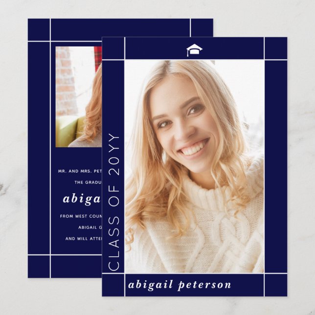 Moderne marineblaue Klasse 2025 Abschluss Foto Ankündigung (Vorne/Hinten)