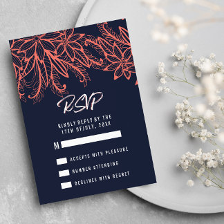 Moderne marineblaue Korallenblüte Hochzeit RSVP Karte