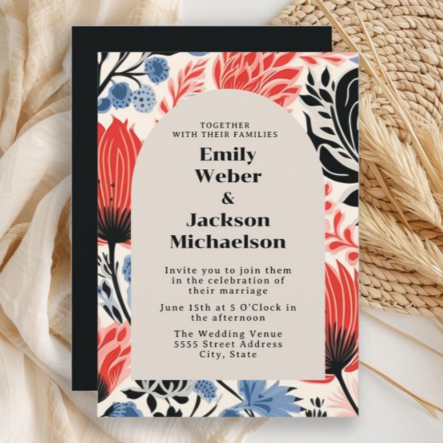 Moderne Marinebrache Einladung (Red, black, and blue retro-style flowers wedding invitation)