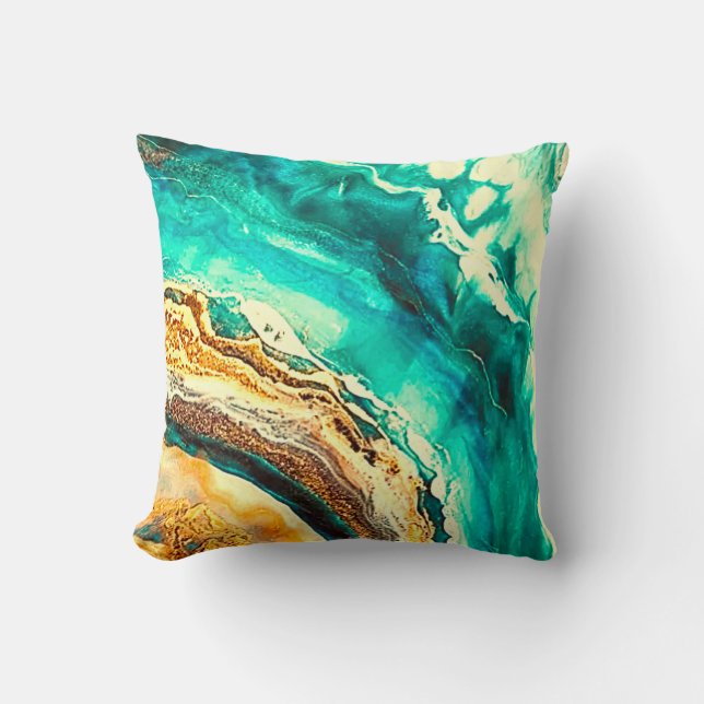 Moderne Marmor Aquamarin Türkis Gold Imitate Schwa Kissen (Vorderseite)