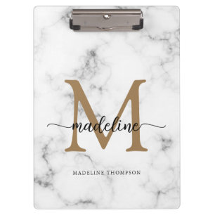 Moderne Marmor-Gold-Schrift-Monogramm Mädchen Klemmbrett