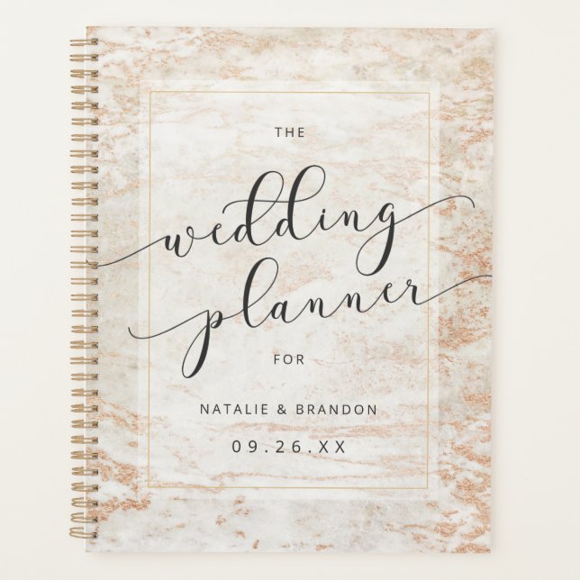 Moderne Marmor in Beige mit Kupfer Hochzeitsplänen Planer (Vorderseite)