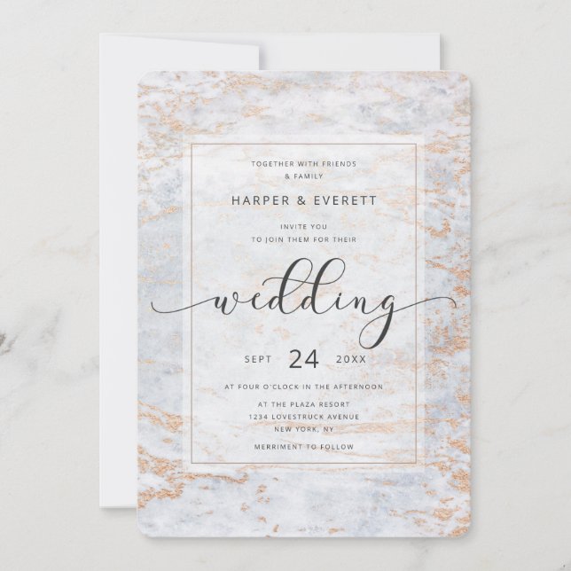 Moderne Marmor in Dusty Blue mit Kupferhochzeit Einladung (Vorderseite)