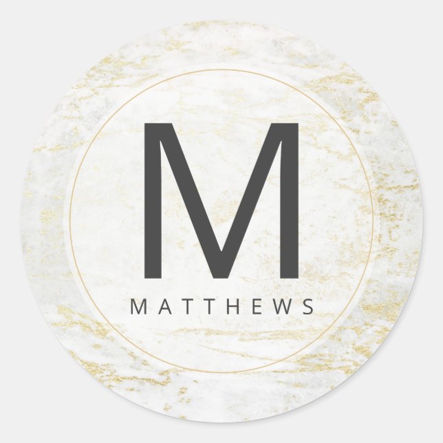 Moderne Marmor in Weiß mit Gold Monogram Wedding Runder Aufkleber (Vorderseite)