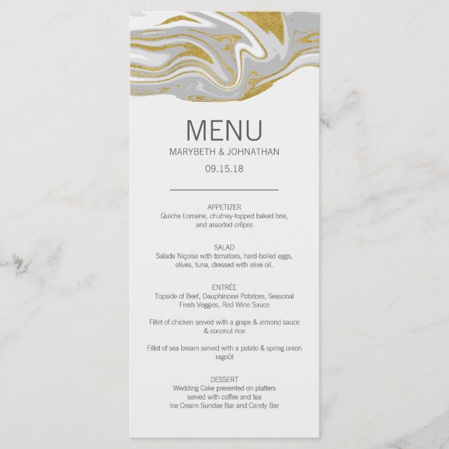 Moderne Marmor- und Gold-Hochzeitkarte Menükarte (Vorderseite)