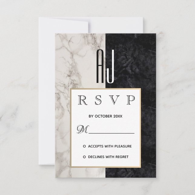 Moderne Marmorhochzeit Schwarz-weiß & Gold RSVP Karte (Vorderseite)