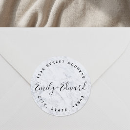 Moderne Marmorpaare mit Hochzeitsadresse Runder Aufkleber