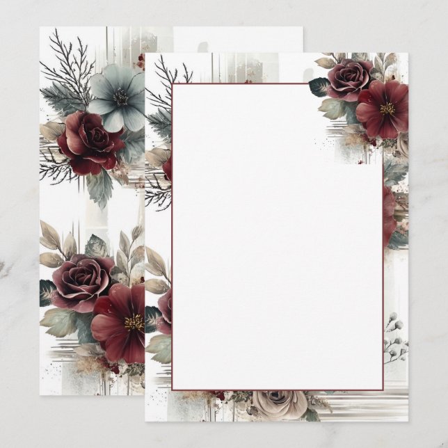 Moderne Maroon Floral Blank Hochzeit Einladung (Vorne/Hinten)