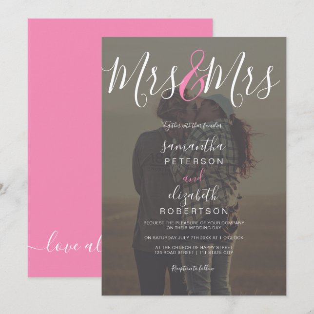Moderne Master Drehbuch Rosa Foto Lesben Hochzeit Einladung (Vorne/Hinten)