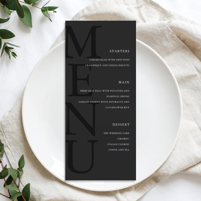 Moderne Matte Black Minimalistisch Wedding Menükarte (Von Creator hochgeladen)
