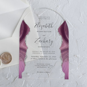 Moderne Mauve-Silber-Achat-Hochzeitsbogen Acryleinladungen