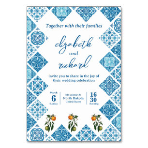 Moderne mediterrane blaue Fliesen Hochzeit mit Zit Tischnummer