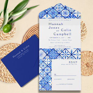 Moderne mediterrane blaue Fliesenhochzeit All In One Einladung